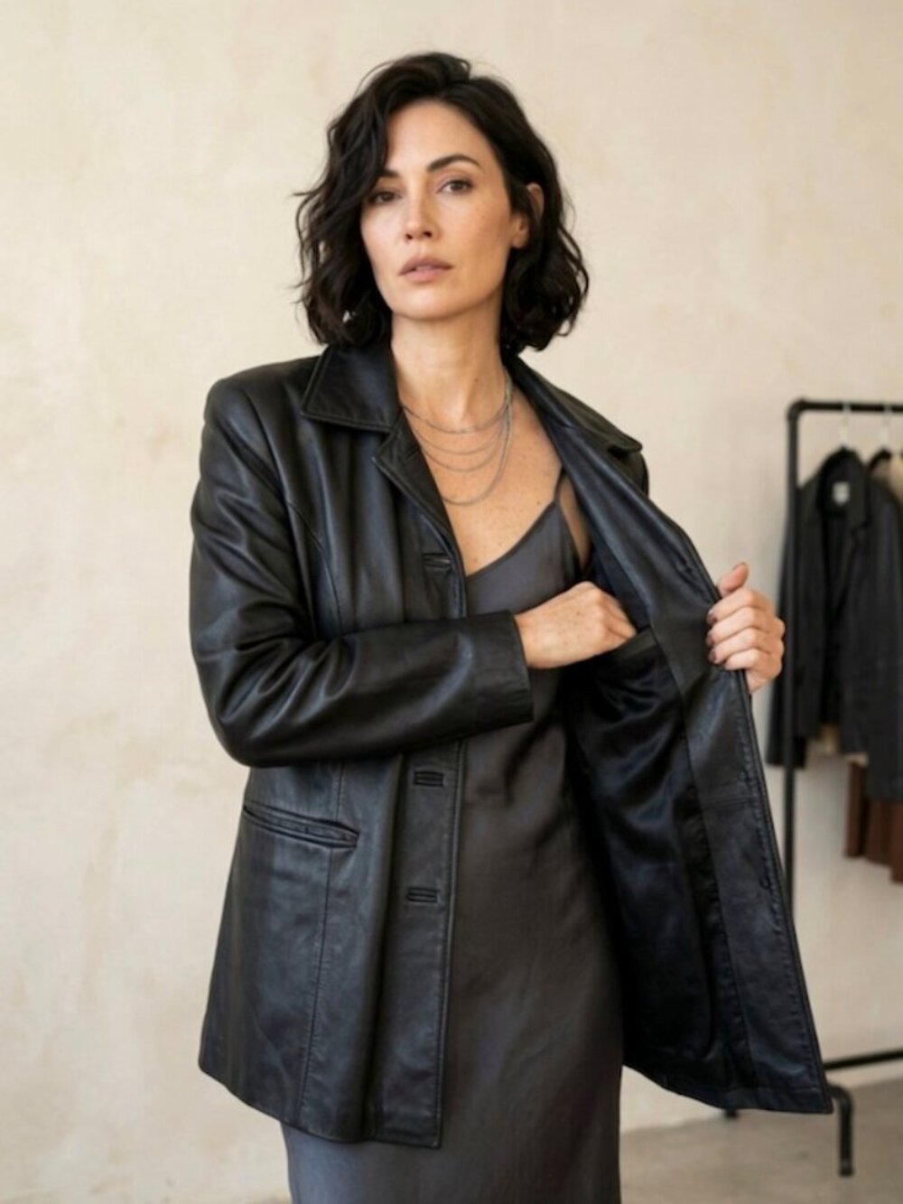 ROSEL Vintage Leather Open Front Blazer Trench 90s Matrix Black XXL